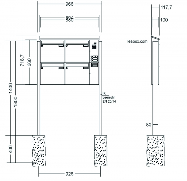 Leabox Briefkastenanlage freistehend, LEA 20, Kastenformat 370x330x100mm, mit Klingel - und Lichttaster und Vorbereitung Gegensprechanlage, 4-teilig